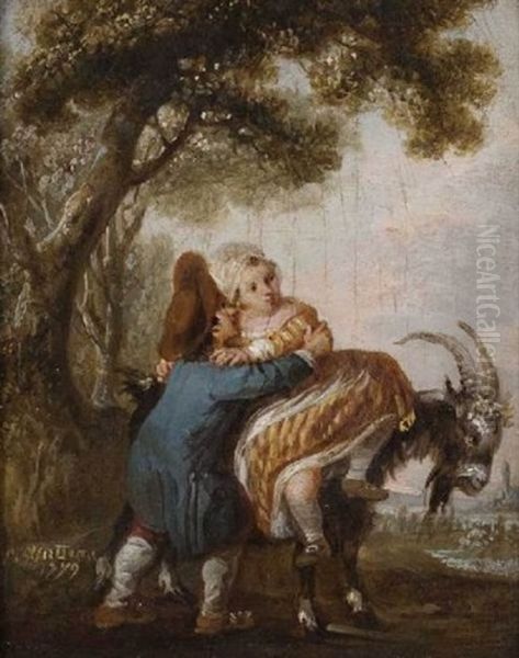Enfants Jouant Avec Une Chevre Oil Painting by Francois Louis Watteau