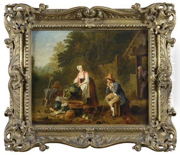 La Marchande De Legumes Dans La Cour De La Ferme Oil Painting by Louis Joseph Watteau