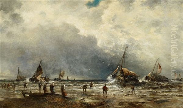 Coastal Landscape With Fishers And Sailing Boats Oil Painting by William Edward Webb