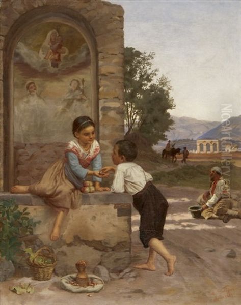 Madchen Und Junge Vor Italienischer Landschaft Oil Painting by August Weckesser