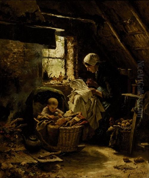 Mother And Child In A Farmer's Interior Oil Painting by Johannes Weiland