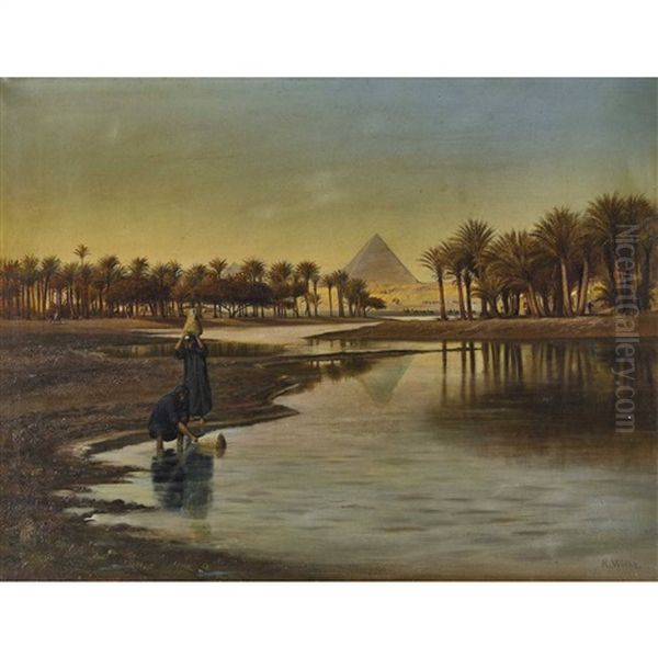Nilpartie Mit Den Pyramiden Von Gizeh Oil Painting by Rudolf Johann Weisse