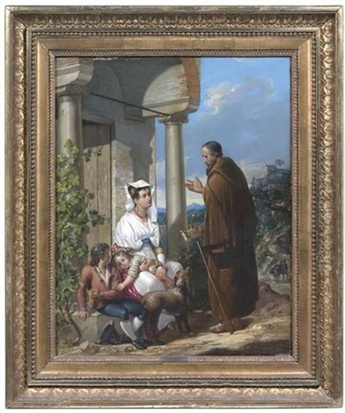 Eine Italienerin Mit Ihren Kindern Vor Dem Hauseingang, Von Der Ein Franziskanermonch Ein Almosen Erbittet Oil Painting by Theodor Leopold Weller