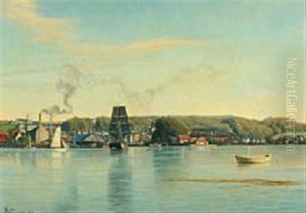 Coastal Scenery With Sailing Ships At The Entrance To Svendborg Harbour Oil Painting by Emil August Theodor Wennerwald