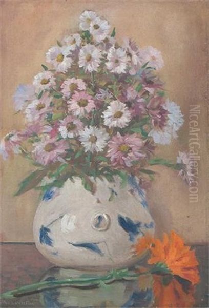 Still Life Of Asters In A Glass Vase (+ Still Life Of Daisies In A Blue And White Porcelain Vase; 2 Works) Oil Painting by John Laviers Wheatley