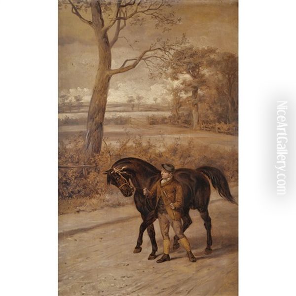 Farmer Leading A Horse On Country Road; A Foal Suckling From A Mare In Field Oil Painting by Rowland Wheelwright
