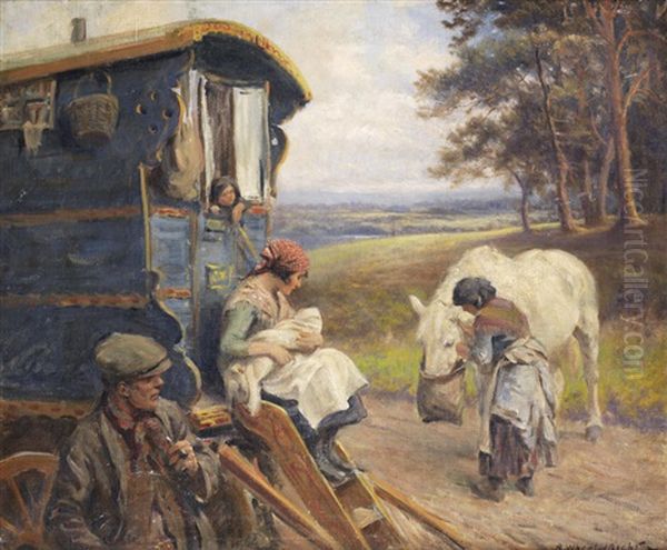 A Gypsy Family Oil Painting by Rowland Wheelwright