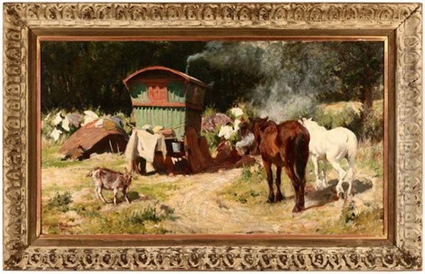 Figures And Farm Animals In A Gypsy Camp Oil Painting by Rowland Wheelwright