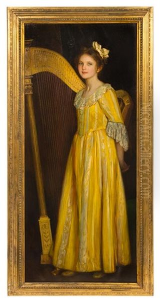 Girl With A Harp, 1907 Oil Painting by William John Whittemore