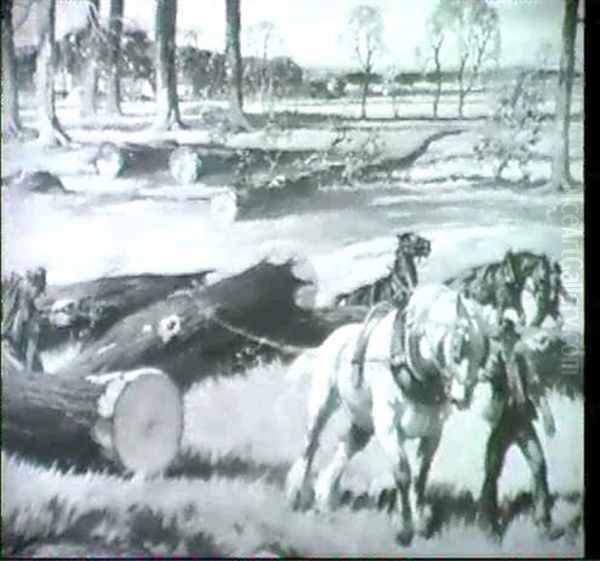 Horses Pulling Logs Oil Painting by Ernest Herbert Whydale