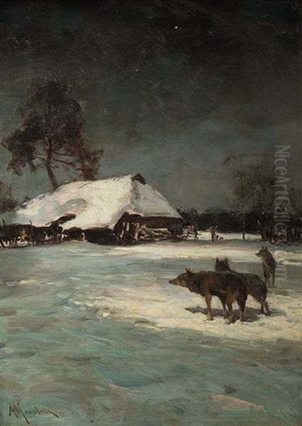 Wilki Oil Painting by Alfred von Wierusz-Kowalski