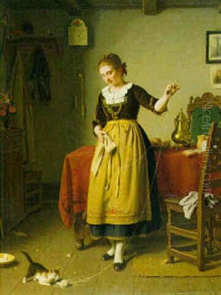 Madchen Mit Einer Katze Spielend Oil Painting by Heinrich Wilhelmi