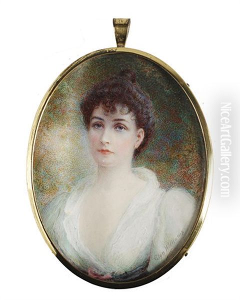 A Lady, Wearing White Dress With Purple And Mauve Sash To Her Waist, Her Raven Hair Curled And Upswept Oil Painting by Alyn Williams