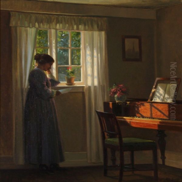 Woman Reading A Letter In A Sunny Living Room Oil Painting by Alfred K. Harald Broge
