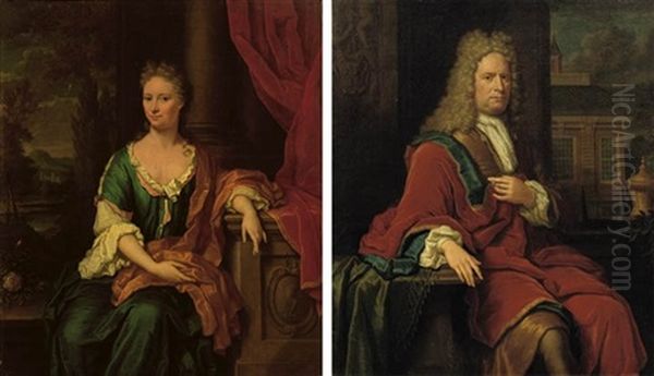Portrait Of Juliaan Van Groenewegen Seated In An Ochre Costume, A Chemise With A White Jabot And A Red Wrap, A Country House In The Background (+ Portrait Of Johanna Van Groenewegen-staal; Pair) Oil Painting by Thomas van der Wilt