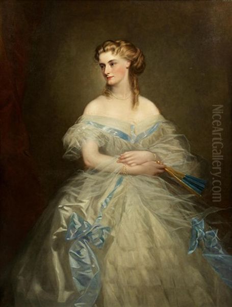 Portrait Of A Lady, Three Quarter Length, In White Chiffon Dress With Turquoise Trim, Holding A Fan In Her Left Hand, The Wife Of Sir Robert Caulfield Oil Painting by Franz Xavier Winterhalter
