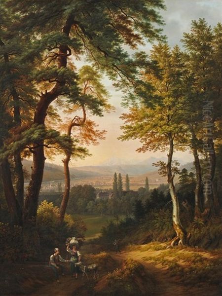 Blick Aus Einer Waldlichtung Oberhalb Riehen Gegen Lorrach Und Schloss Rotelen Oil Painting by Anton Winterlin