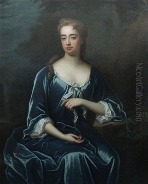 Portrait Of A Seated Lady Wearing A Blue Dress, A Landscape Beyond Oil Painting by Willem Wissing