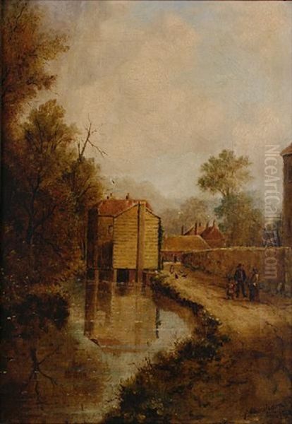 Peasants On A Path Beside A River Oil Painting by R. Witherspoon