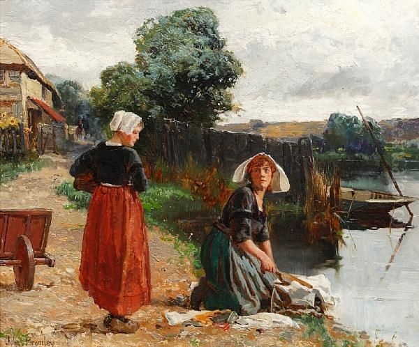 Two Laundry Maids By The River Oil Painting by John Bromley