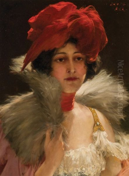 Portrait Of A Woman In A Feather Hat Oil Painting by John Henry Witt