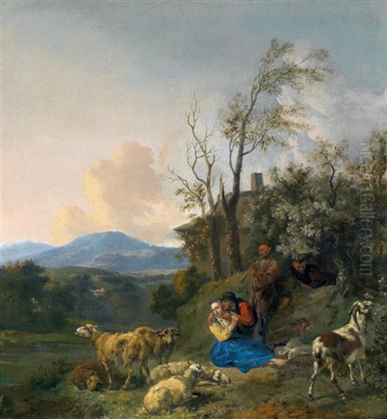 Hirten Mit Ihrer Herde Vor Weiter Landschaft Oil Painting by Jan Baptist Wolfaerts