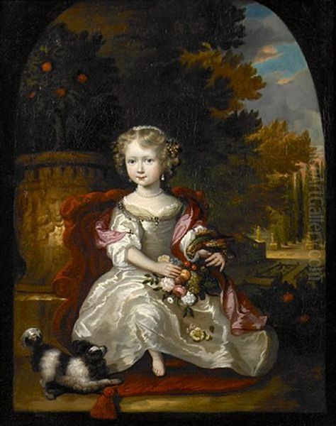 A Portrait Of A Girl With A Bouquet Of Flowers And A Parrot Resting On Her Arm Oil Painting by Aleijda Wolfsen