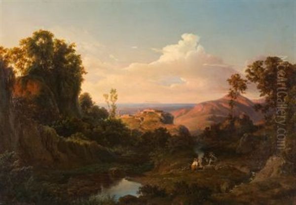 Zwei Jager Bei Der Rast An Einem Schattigen Gebirgsbach, Im Hintergrund Antike Ruinen In Der Abendsonne Oil Painting by Edmund von Woerndle zu Adelsfried und Weiherburg