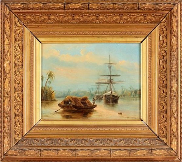 Pirogue Indigene Et Vaisseaux Dans L'anse D'une Riviere Oil Painting by Hendrik Van Der Worp