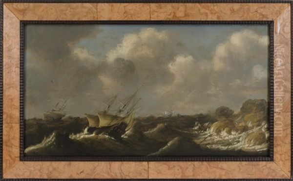 Ships Off A Rocky Coast Oil Painting by Claes Claesz Wou