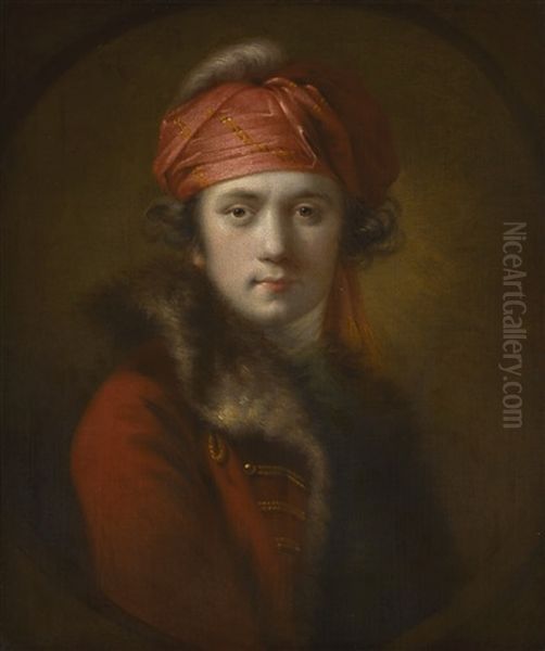 Portrait Of The Artist, Wearing A Red Fur-collared Coat And Turban Oil Painting by Joseph Wright (of Derby)