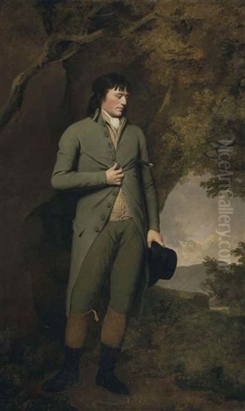 Portrait Of Thomas Oldknow (c.1755/6-1791) Of Marple, Full-length, In A Green Suit And Breeches, In A Landscape Oil Painting by Josepf Wright Of Derby