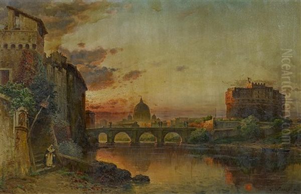 Rom. Dammerlicht Am Tiberufer Mit Blick Auf Die Engelsburg Und Den Vatikan Oil Painting by Carl Wuttke