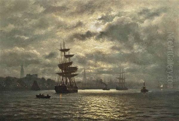Hamburg Harbor Under The Moon Oil Painting by Wilhelm Ferdinand Xylander