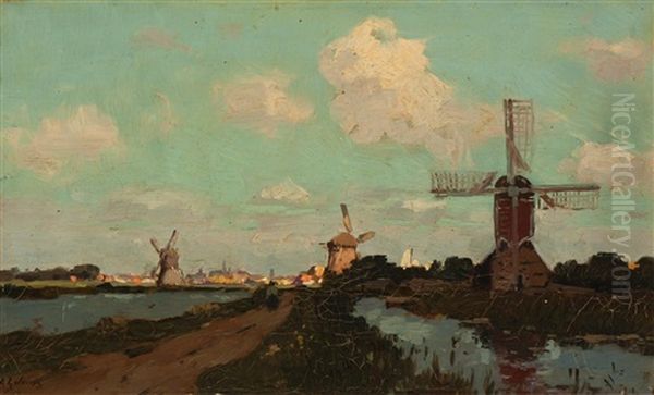 Landscape With Windmills Oil Painting by Egnatius Ydema