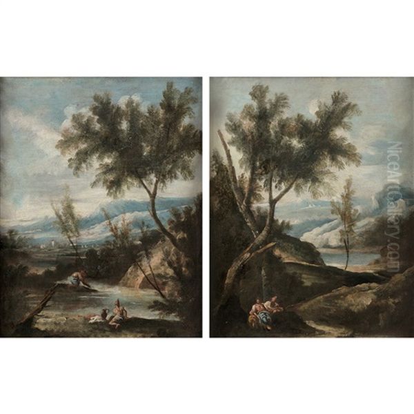 Paysages A La Riviere Animes De Personnages Oil Painting by Giuseppe Zais