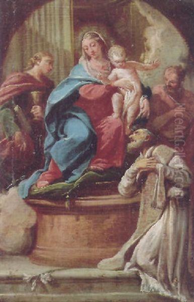 The Madonna And Child With Ss. John The Evangelist, Bartholomew And A Bishop Saint Oil Painting by Johann Jacob Zeiller