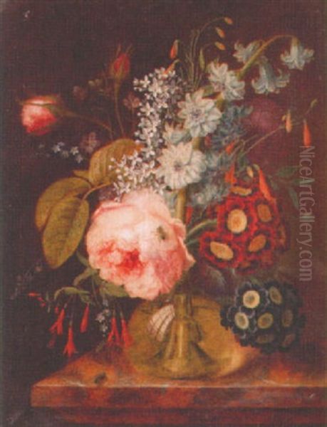 Blomsterbukett Pa Marmorsockel Oil Painting by Georges Frederic Ziesel