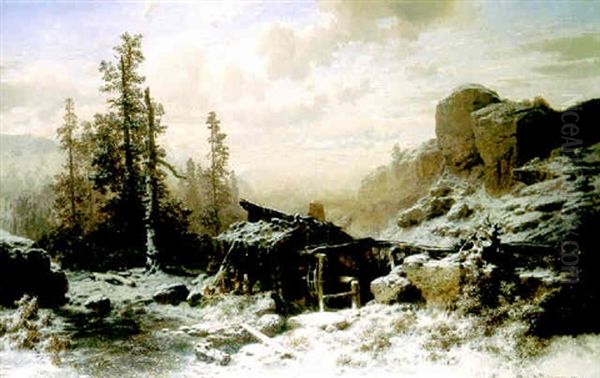 Mill In A Mountainous Winter Landscape Oil Painting by August Richard Zimmermann