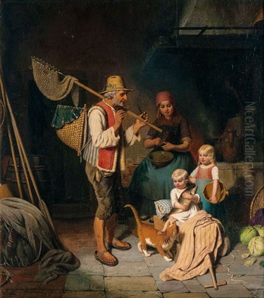 Family Of Fishermen Oil Painting by Reinhard Sebastian Zimmermann