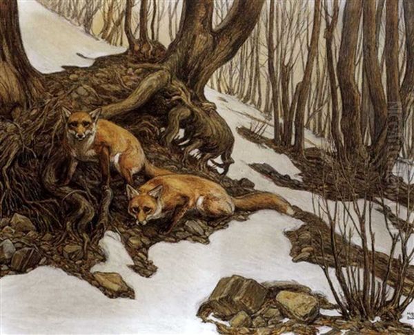 Letzter Schnee Im Marz Oil Painting by Hubert Von Zwickle