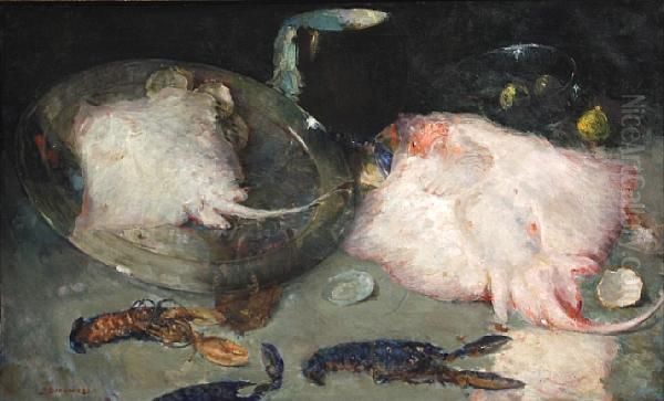 A Still Life With Skates And Lobster Oil Painting by Jules Brouwers
