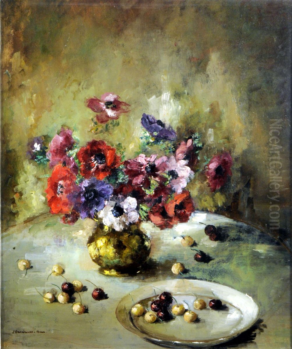 Nature Morte Aux Pensees Et Aux Cerises Oil Painting by Jules Brouwers