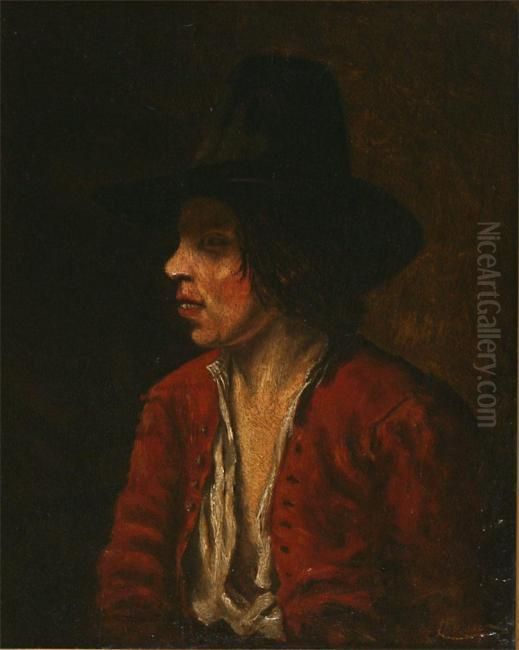 Portrait Of A Boy With Hat In Profile Oil Painting by Jules Brouwers