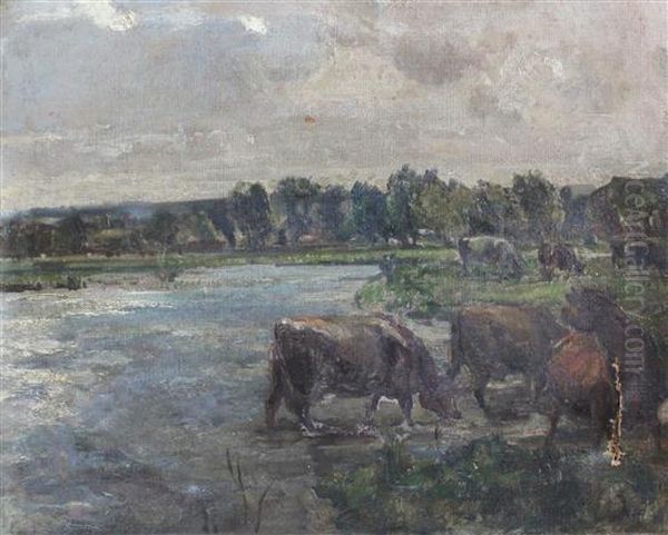 Cattle Watering Oil Painting by John Alfred Arnesby Brown