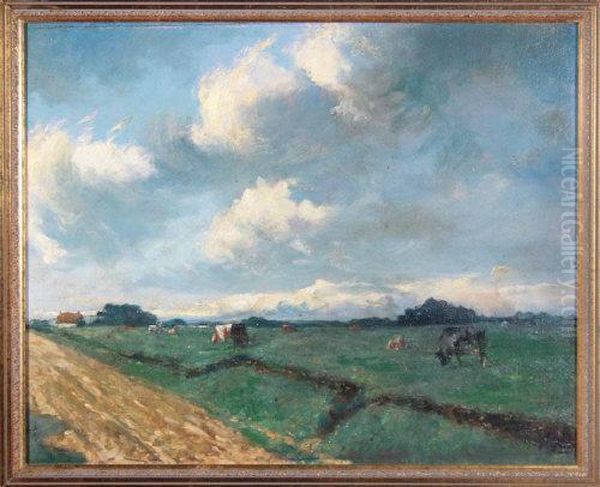 Cattle In A Roadside Meadow On A Sunny Day Oil Painting by John Alfred Arnesby Brown