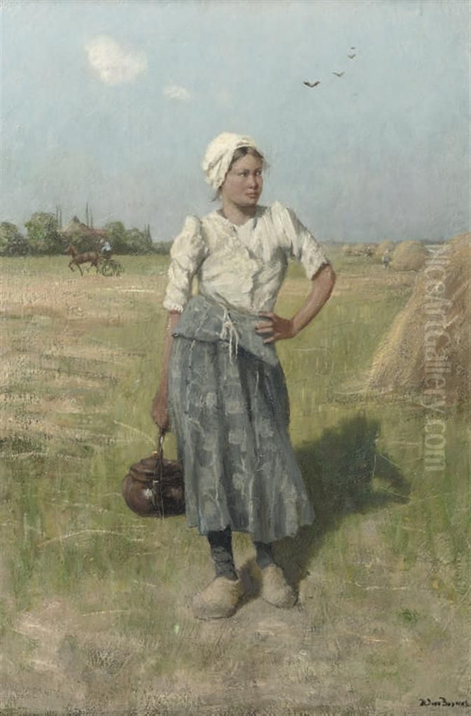 Young Girl By The Haystacks Oil Painting by Robert Ives Browne