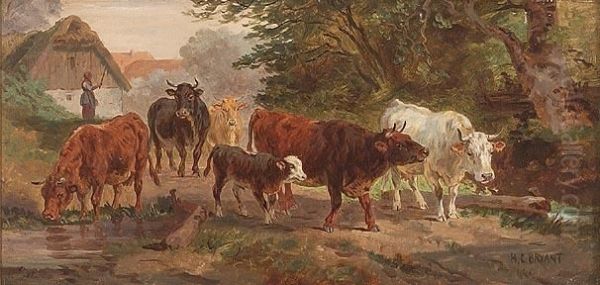 Cattle By The Roadside Oil Painting by Henry Charles Bryant