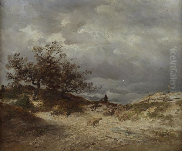 Shepherd And Flock On Heathland Oil Painting by Anton Burger