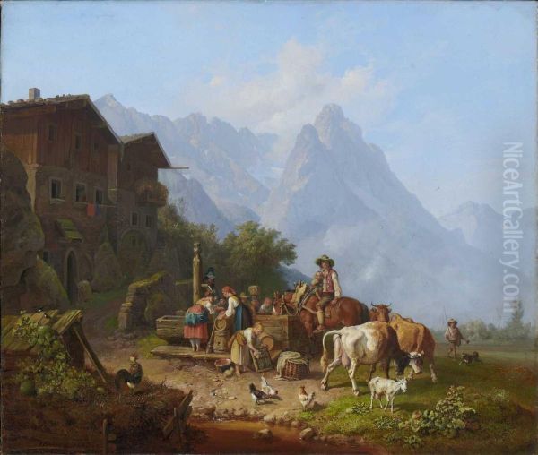Gebirgsdorf Mit Brunnen. Oil Painting by Heinrich Burkel